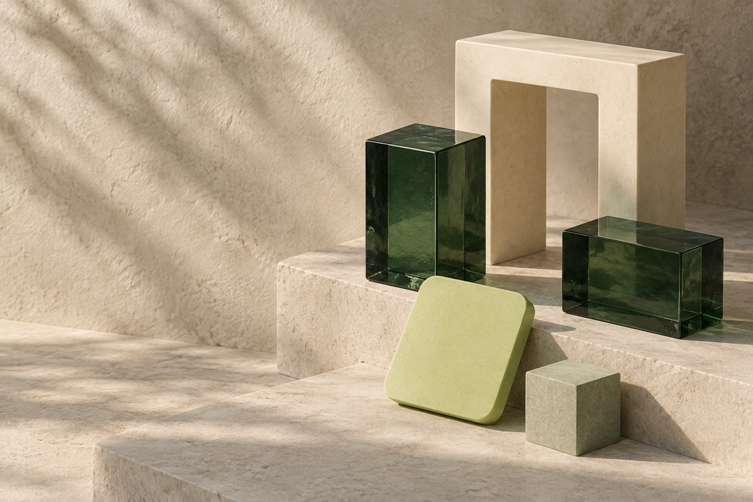 Architectural composition of green glass and stone components